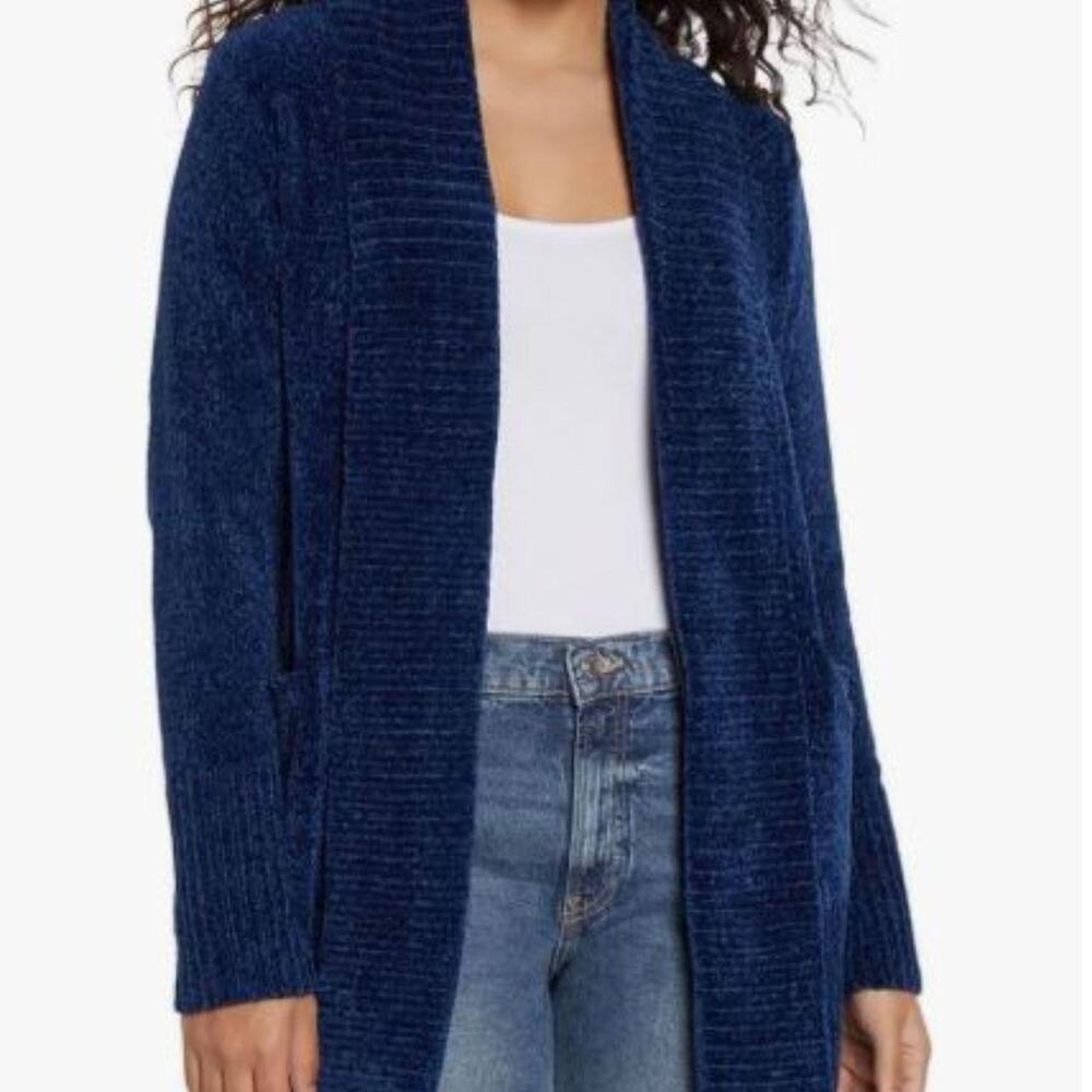 Orvis Women's Chenille Cardigan Sweater Blue Open Front Pockets Size XS Soft New